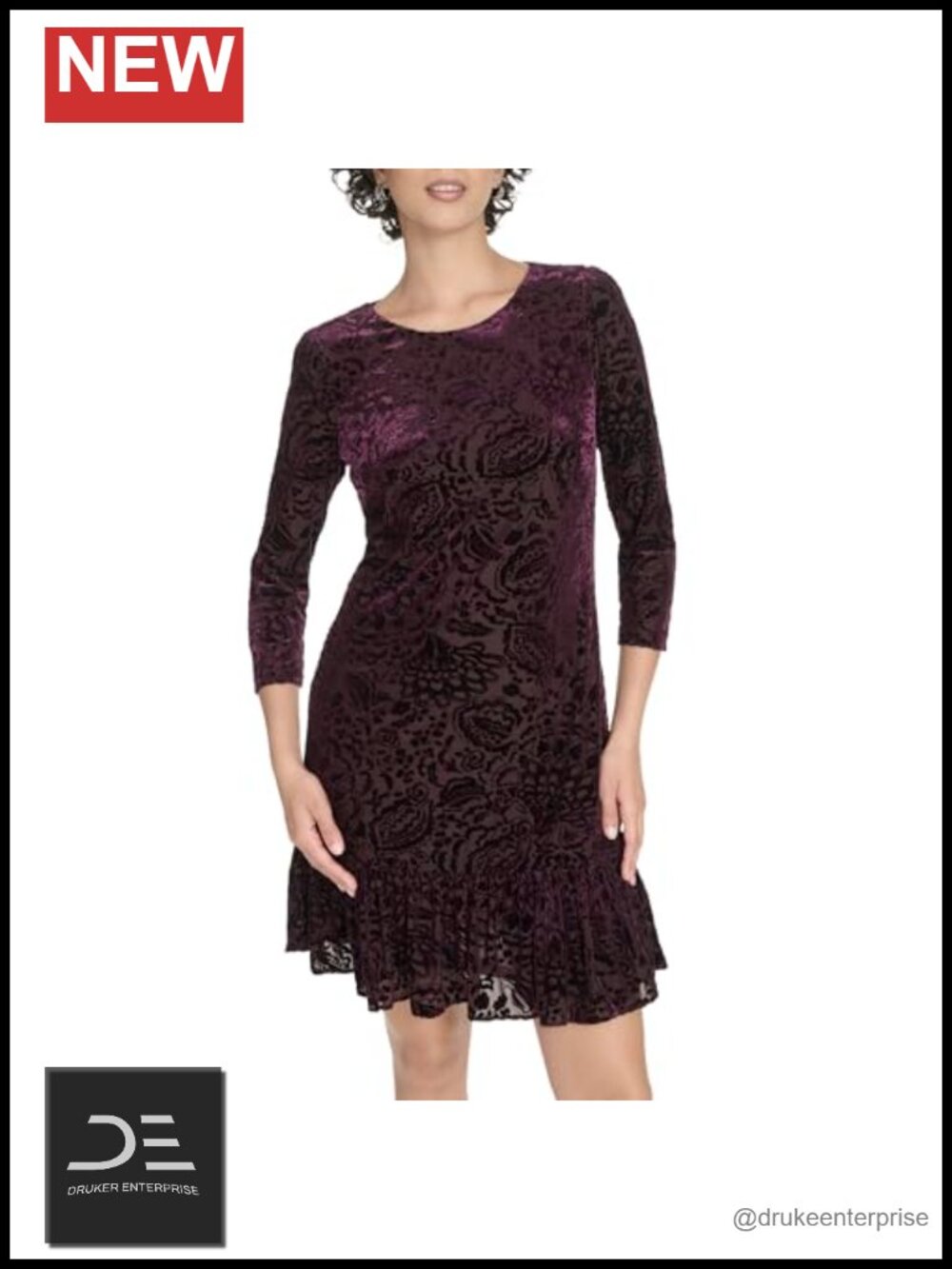 Velvet Burnout 3/4 Sleeve Ruffle Hem Mini Dress
